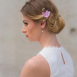 Bridal Silk Flower Pearls Lilac Gold Hairpiece..