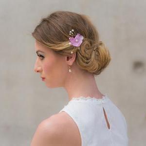 Bridal Silk Flower Pearls Lilac Gold Hairpiece..